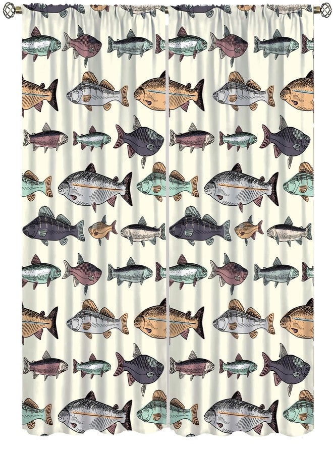 Kurtect Fish Blackout Curtain Retro Animal Drawing Fishing Window Curtain Cartoon Lake Fish Drapes Pocket Curtain Bedroom Living Room Cafe Kitchen Dining Room 2 Panels 42x45 in - Image 1